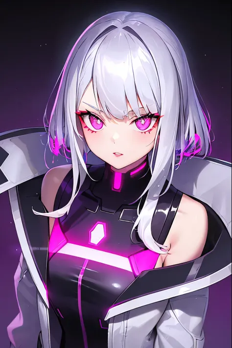 Lucia (cyber punk), 1 girl,  hair elastic, hime cut, silver hair, colorful tips, fullmoon, grey-eyed, jaket, long sleeves, gazing at viewer, medium hair, multicolored hair, parted bangs, parted lips, pink  hair, portraite, red eyeliner, Red lips, standing ...