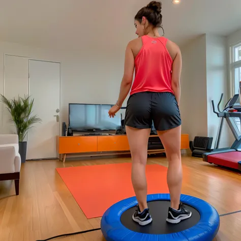 A 40-year-old woman is standing on a trampoline in a living room with a television, working out, her back to us. She is wearing a vibrant red tank top and blue shorts, with black sneakers on her feet. Her attention is focused on the television screen showi...