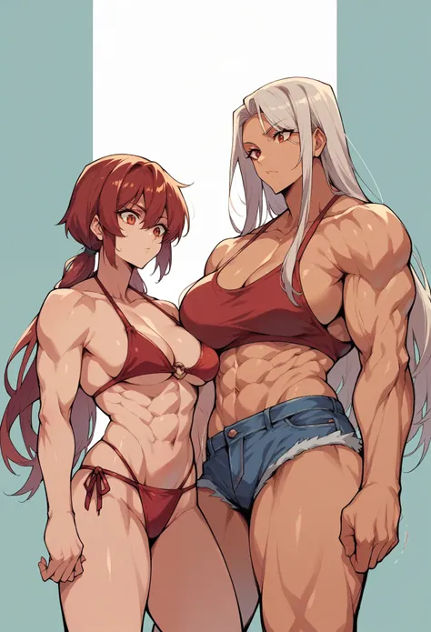 2 girls, red bikini , 1 tall muscular girl , 1 short girl , long hair , cute face , jeans shorts