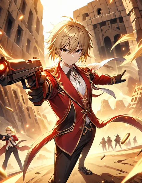 (better lighting, High contrast, sharp details), (a person:1.2+male) solo, solo focus, gangster, red suit and tie, white necktie, white shirt, black pants, polished black shoes, standing, dynamic action pose, holding two guns, Beretta 92, flash, Bullet she...