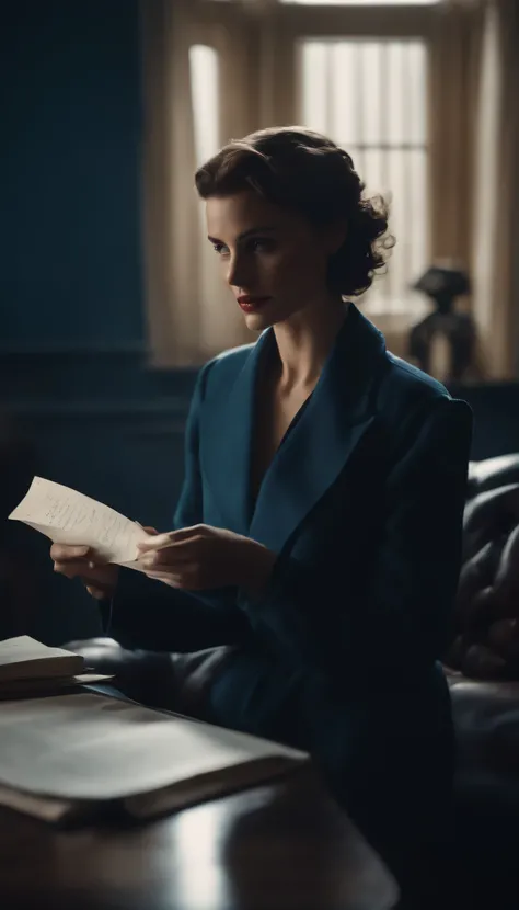 Lena held a letter in her hands, neat home environment, 8k realistic imagery, ultra hd, blue scenery like a movie scene, old american setting, inspired by blade runner movie scene, blue tone