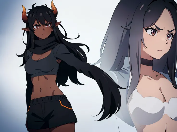 (1girl ,25s,adult,mature female,solo),long hair, black hair,horns,elf ears,((black scarf)),cleavage,(((dark skin))),(black sports bra,black sports shorts, midriff),(white background, simple background),long sleeves,angry,pov,((looking at view,from front))