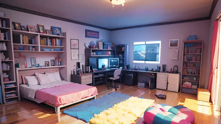 ((gamer)) room, bed, pillow, stuffed animal, computer, circus, room, bed, pillow, stuffed animal, computer, Bookshelf,