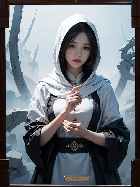 onmyoji，Metal Photo Frame，card，tarot cards：1.37.A mysterious fortune teller wearing a white hood，Finger taps an array of tarot cards in the air，Symbols and mystical elements，Ancient and mysterious atmosphere，Realistic illustration details，Vibrant and energ...