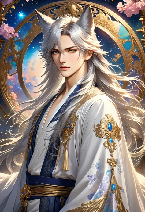 (masterpiece, 8K, Absurd, Digital Art, Digital Illustration, Realistic, Very detailed, Realistic lighting), (Perfect Face, Perfect Eyes, Perfect body), male,1 person, Adult,male的な,Person with long hair, Portrait of the Magical Silver-Haired Prince,Has fox...