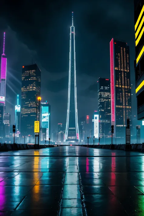 ((meilleure qualité)), (détaillé), ville cyberpunk, Futuriste, forte pluie, 8k, Fond d&#39;écran animé 8K, absurdes, ultra-tranchant, nuit, Rues de la ville, Japon, ambiance neon mauve, gouttes de pluie, corps trempé de pluie
