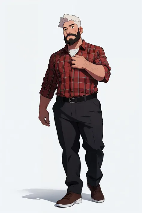 masterpiece, best quality, front view, full body,1man, the highest image quality, 45-year-old fat man, white hair and beard, brown eyes, wearing a plaid shirt and canvas pants, White background, empty background, standing normally