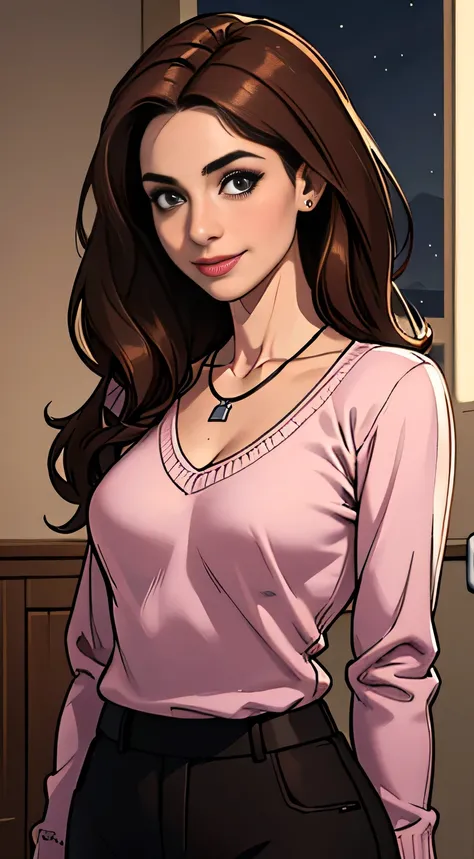 ((Night, Realistic Light, Best Quality, 8K, Masterpiece: 1.3)), 1girl, Slim Beauty: 1.4, Abs: 1.1, (Brown hair, Medium breasts: 1.3), Long pink sweater: 1.1, Bathroom, Super fine face, Delicate eyes, Double eyelids, smile, necklace