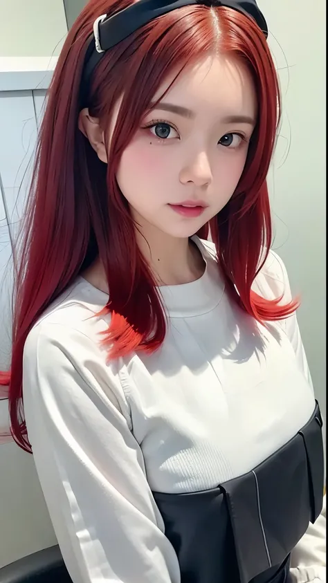 (((Gray Hair)))、(((Becoming a redhead:1.2)))、(((Beautiful gradient hair:1.2)))、One Girl、、big red ribbon hair ornament、Cute face、Baby Face、Natural look、Casual costume、Simple Background、Blurred Background、masterpiece:1.5、Highest quality、Ultra-high resolution...