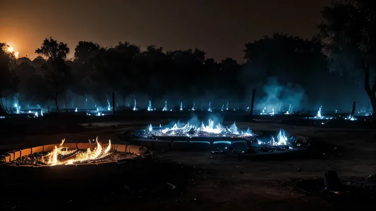 An empty and scary burning ground in an ancient village of india where dead bodies are being burnt. Dark night and scary view. Deep bluish effect