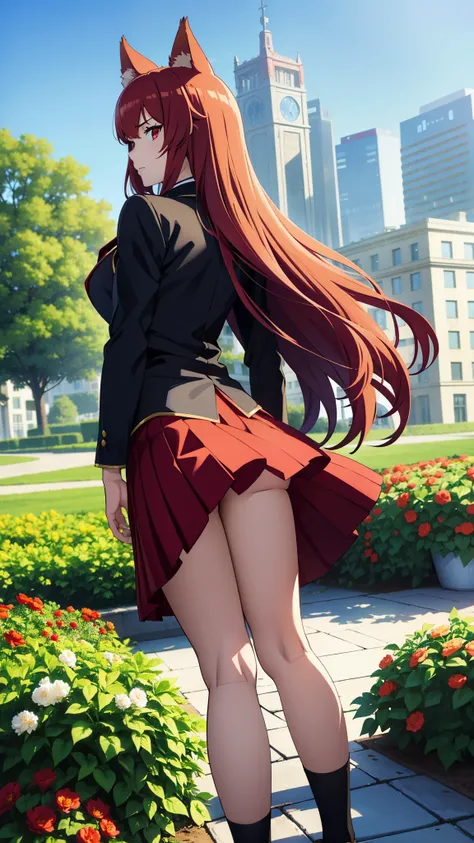 ((beautiful face)),1girl ,20s,mature female,(red hair),long hair,red eyes,fox ears,(garden,blue sky,city),serious,necktie,black jacket, blazer,long sleeves,pleated skirt,dynamic angle,from back,looking ai view