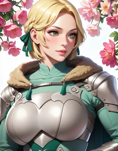 warIngrid, warIngrid, short hair, hair ribbons, shoulder armor, armor, breastplate 2.0, breastplate 2.0, underbust 2.0, green coat, fur trim, vambraces, blue gloves, green cape, (masterpiece, best quality, ultra-detailed), realistic style, very close up sh...