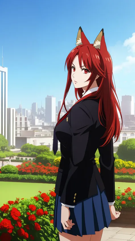 ((beautiful face)),1girl ,20s,mature female,(red hair),long hair,red eyes,fox ears,(garden,blue sky,city),serious,necktie,black jacket, blazer,long sleeves,pleated skirt,dynamic angle,from back,looking ai view