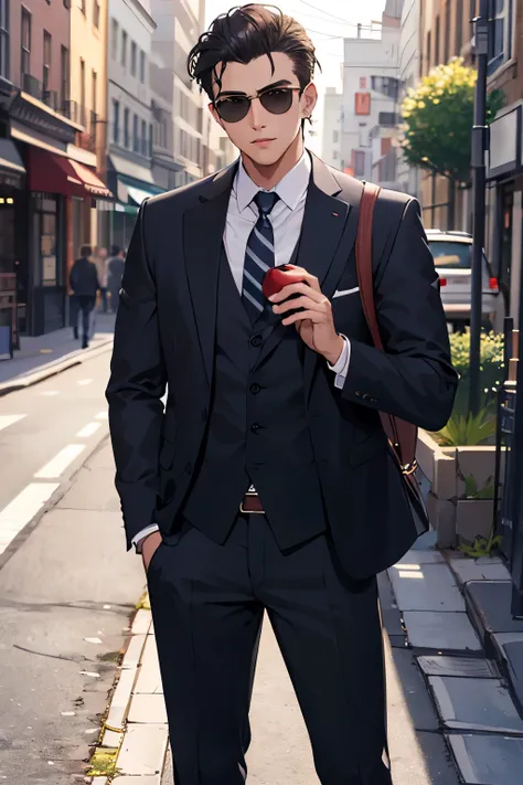 ((best quality)), ((masterpiece)), (detailed) handsome mafia man inside dark small street holding apple in his hand