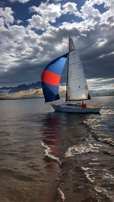 there are mountains in the background, there is a sailboat with a red and blue sail in the water, photo taken from very far away, Stepping on calm waters, Round about to start, He&#39;s on an old sailboat, torn Cloth, Cloth, captured on iphone, Seen in Pro...