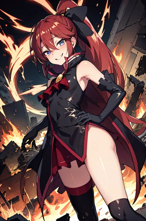 Highest quality, masterpiece, One Girl,Not beautiful, Red Ponytail, Long dress, brooch, Hair Ribbon, - Elbow hand pockets, Black knee socks, Standing on the rubble, Cityscape in a sea of fire, (Wicked Smile:1.1), ,,Dark shadowed face,Sadistic smile,Malice,...