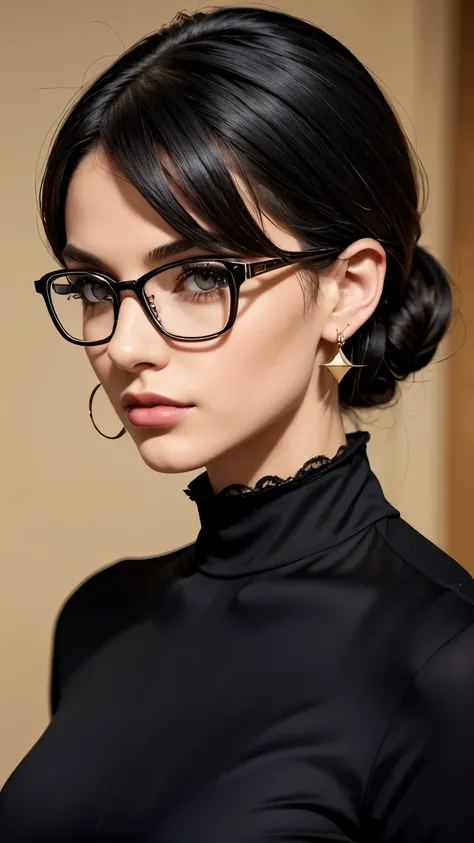 Black hair, glasses, stud earrings, vintage, feminine, 8k, masterpiece, best quality, excellent detail) , (high saturation, best shadows, best light, extremely delicate bleaching) dark style