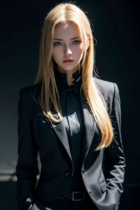 Best quality, masterpiece, ultra high res, (photorealistic:1.4), raw photo, 1girl, blonde hair, blue eyes,  detailed eyes and face, black suit, dynamic lighting, in the dark, deep shadow, low key, cowboy shot full-lenght body