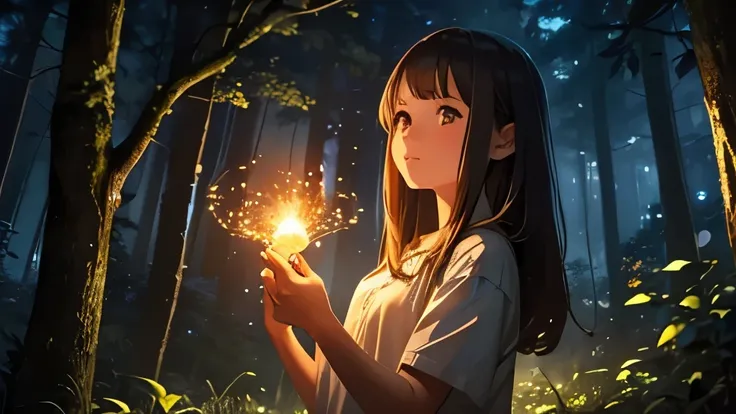 ( Better image quality) a girl surrounded by fireflies in the forest at night.