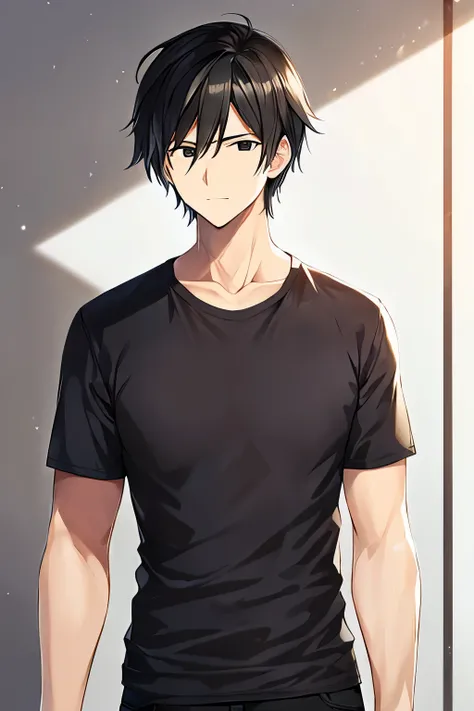 1 a man,Jet black hair, with shirt,black eyes