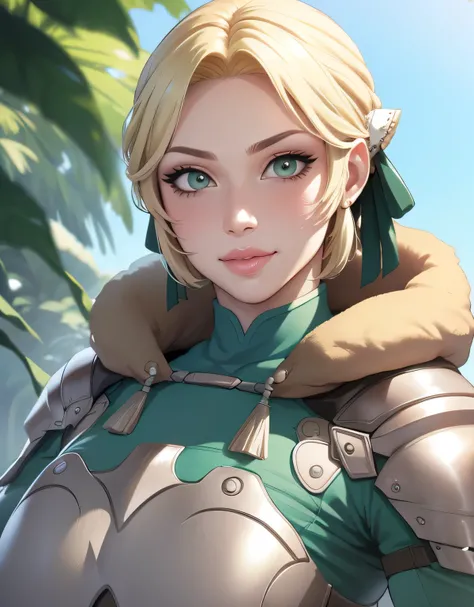 warIngrid, warIngrid, short hair, hair ribbons, shoulder armor, armor, breastplate 2.0, breastplate 2.0, underbust 2.0, green coat, fur trim, vambraces, blue gloves, green cape, (masterpiece, best quality, ultra-detailed), realistic style, very close up sh...