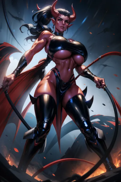 Red skin succubus tiefling, digitigrade legs, full breasts, large breasts, black horns, wings, huge tail, black leather, crop top, long flowing pelvic curtain, tall, toned, graceful, thin, long black ponytail. Action scene, whip. Dark scene, explosions, ni...