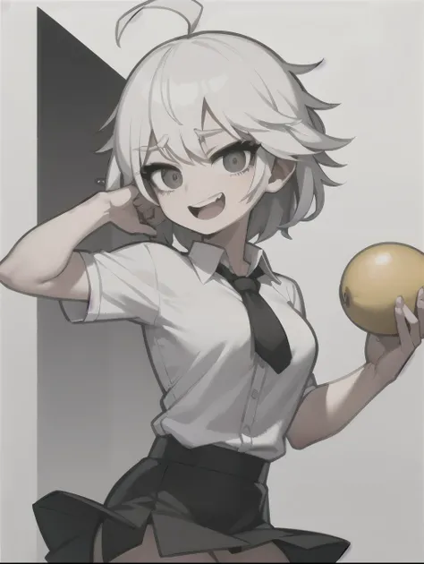 ((masterpiece, Best quality)), (1 girl), (One), (female focus), (ahoge, White hair, short hair), black eyes, A slight smile, open mouth, ((White shirt), (button up shirt), (Button Break)), ((black skirt), (Short skirt)), juggles four lemons, White backgrou...