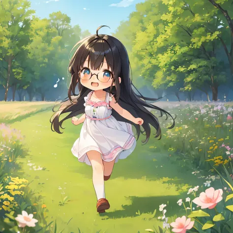 ((masterpiece)), ((best quality)), (ultra-detailed), ((kawaii)), cute, (lovely), illustration, anime style, (chibi:1.2), white sundress, (beautiful eyes), beautiful black hair, (long hair), slim, slender, glasses, medium breast, (forest), outdoor, (running...