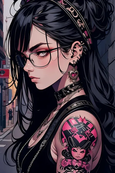 pianist, female ,black long hair, tattoos, punk, piercings, street-way, musician, pianis, beautiful image, serene. masculine.