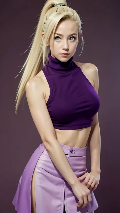 14 years old, Young Girl with light blonde hair, green eyes, ponytail hairstyle, purple turtleneck crop top, neat purple skirt  like ino from Naruto 