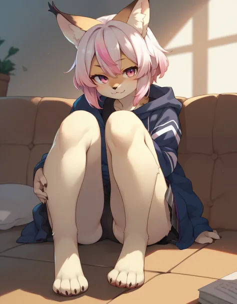 , score_9,score_8_up,score_7_up, source_cartoon, kemono style, an Anthro furry lynx girl, short white hair with pink tips on hair, pink highlights in hair, pink eyes, wearing black underwear, seductive, on her knees, full body shot, feet paws, 4 toes