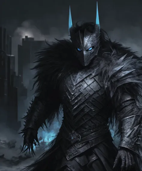 (extremely detailed 8k wallpaper), a medium shot photo of  Grim dressed as a scary masked black and baby blue furry-supervillain in a black and baby blue spiked armour made of fur glowing armour with spikes from marvel, theme, intricate, high detail, drama...