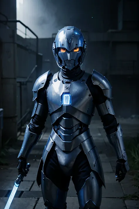 Create an image of a Blue cybernetic knight with glowing eyes with a blue aura, anime.