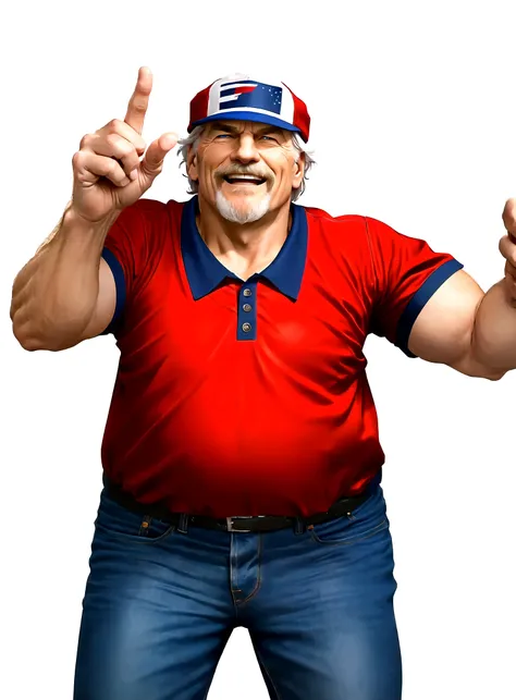 a close up of a man in his 60s wearing a red shirt and blue jeans, rising index finger, as a character in tekken, beefy, realistic textures, jeff bridges with a goatee, best friend opening the mouth as to say "eureka!", happy, Out Run 2 flagman, 2 k, 2k, m...