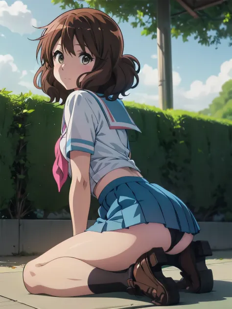 (Realistic, photo Realistic:1.2), ((Highest quality)), Shift the center of gravity backwards, Quite embarrassing, you_Kumiko_Euphonium Sound, brown_hair, short_hair, brown_eye, blush, Seraphim, 前hair, Bloomers, Gym suit, Sports boots, (Sit on the ground:1....