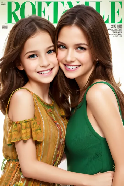 A mother and tween daughter brown hair green eyes on a magazine cover, vibrant colors, high-resolution, realistic portrayal, fashion-forward, loving bond, trendy attire, captivating smiles, natural beauty, professional lighting, contemporary style, artisti...