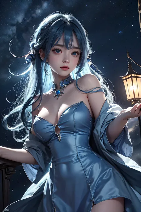 Ultra HD、A beautiful blue-haired character、Holding a blue crystal in both hands、Cute big eyes、close、Red burning cheeks、Night scene with starry sky background、fortune teller、Wearing a gorgeous dress、Subtle details、A fantastic atmosphere、Anime style