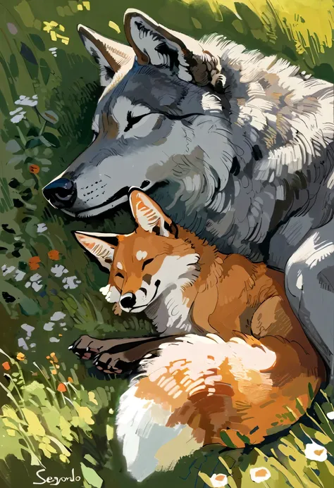 ((fox sleeping)), cuddling, feral, (by seyorrol), (tail), ((intricate detailed background, field background)) realistic shading, (epic, masterpiece, high quality, 8k, ultra HD, absurd res, top quality, best quality, max quality, masterpiece), (correct anat...