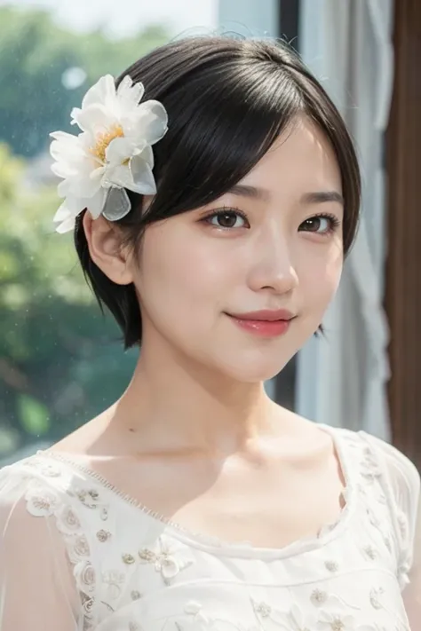 (wedding bun short hair:1.2), (white wedding dress, intricate dress, ball gown, bridal veil, bride, curtains, depth of field, dress, flower, hair flower, hair ornament, see-through, white flower, white rose:1.1), (face full of joy:1.3), one girl, 14 years ...