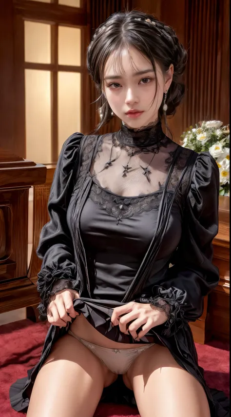 Cowboy Shot、(Updo with bangs)、straggling hair、Black Hair、(Hanging Hair)、((widow))、((mourning dress))、((((Black long sleeve mourning clothes))))、(((Funeral場)))、((((Funeral))))、Black formal wear、Highest quality,(RAW Photos:1.2)、(Realistic:1.4),(High resoluti...