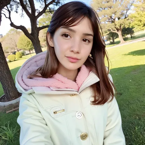 a young woman in her 20s with an oval face and smooth jaw.. she has medium length brown hair with light highlights.., slightly w...