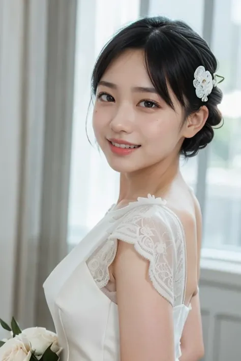 (wedding bun short hair:1.2), (white wedding dress, intricate dress, ball gown, bridal veil, bride, curtains, depth of field, dress, flower, hair flower, hair ornament, see-through, white flower, white rose:1.1), (face full of joy:1.3), one girl, 14 years ...