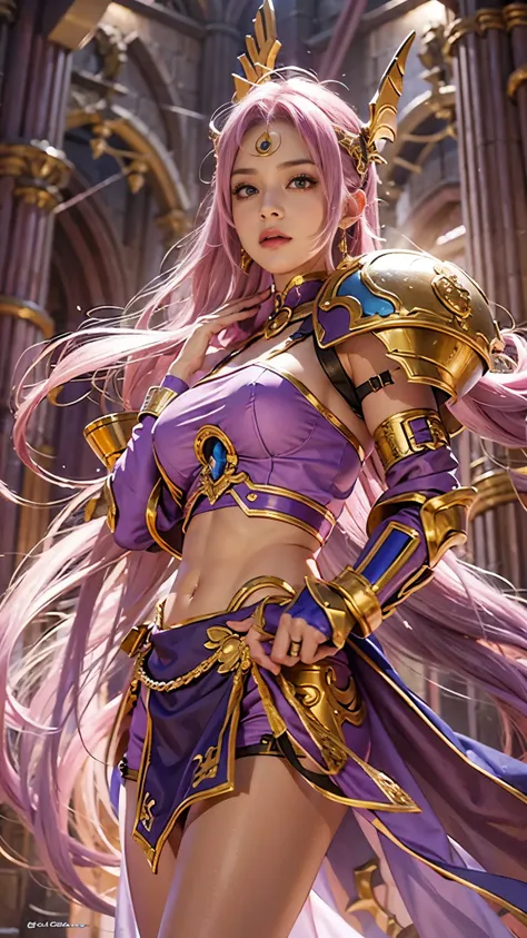 4k, best quality, realistic, detailed,A female warrior from Dragon Quest 3 equipped with a giant axe and a giant shield. Long, sharp eyes, pink bra, pink panties, pink helmet, long purple hair, thin fabric of the bra, clearly showing the shape of her erect...