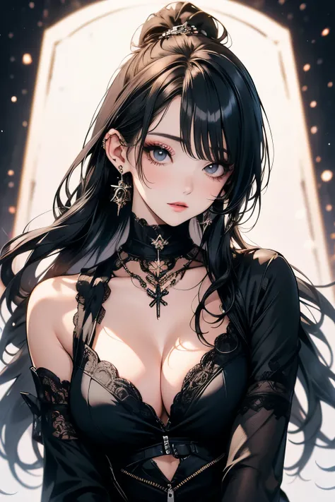 One girl, Long Hair, large chest, compensate, eyeliner, eye shadow, Side bust, chest, shirt, Portraiture, No sleeve, (Realistic:0.5), Gothic, ponytail, Swept-apart bangs, Asymmetrical bangs, Highest quality, masterpiece
