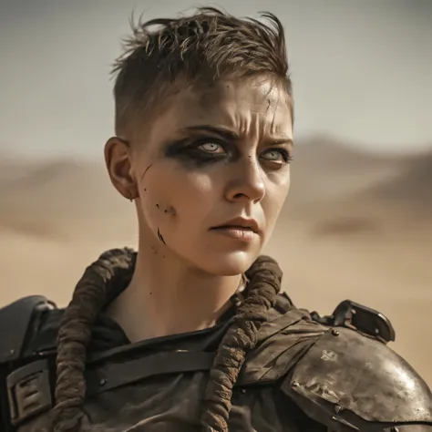 Angry,Mad Max,Thin woman,short hair,painted face,Half black,huge blue eyes,illustration,circunstanciado,highly detailed face and eye,desert background,fierce expression,dystopians style,color grading:sharp contrast,low key lighting,highres,conceptual artwo...