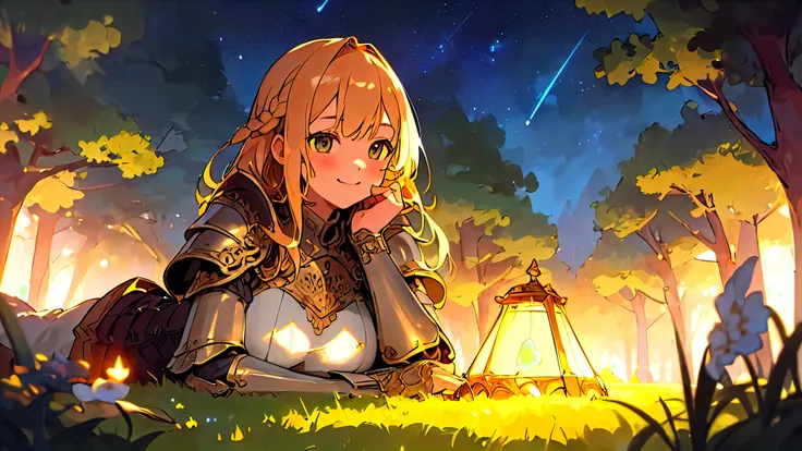 ((masterpiece,best quality,highest quality,illustration,intricate details)),1girl,smile, armor,golden hair,
night,starry sky, depth of field, outdoors, laying on grass, in the forest, peaceful, rimlight, soft face, big tits