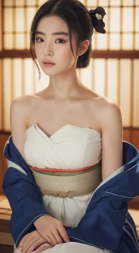 ((Best quality, 8k, Masterpiece :1.3)), Sharp focus :1.2,  ((18years.Beautiful geisha in kimono.bare shoulders, big hip ,beautifulwaist))sitting in the room. On the bed. °Highly detailed face ,looking at the  viewer, and skin texture, Detailed eyes, Double...