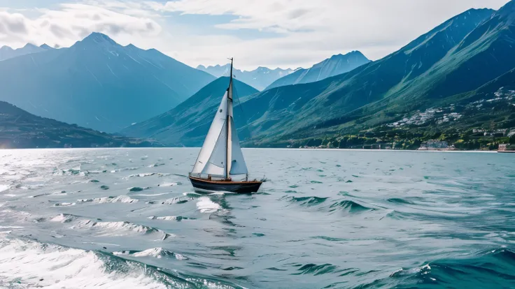 there is a small sailboat with a crew fast in turbulent waters with a lot of wind at sea with mountains in the background. It&#39;s cloudy, The sun&#39;s rays pass through the clouds and reflect in the water. the sun is setting. Profile sailboat at 20 mete...