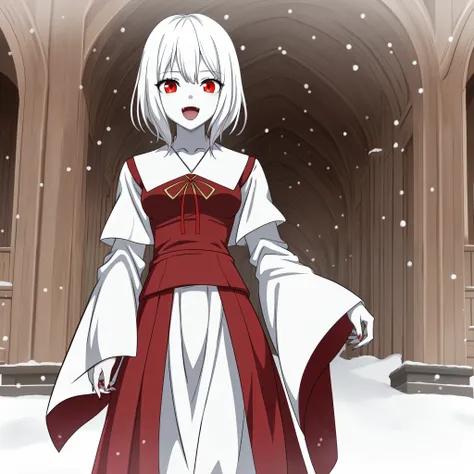 masterpiece、Highest quality，High resolution，snow-white skin、Pure white hair、Vampire Iino Miko、Red eyes、Pure white skin、Red nails、In uniform、skirt、Pure white hairの毛、Standing in priestly garb、Very Short Hair、Muscular、Has some fangs、Shiny eyes、Height 180 cm