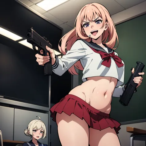 2girl, two girl, anime art, blush, lipstick, Hot girl, baddie, staring, glaring, bad attitude, mean girl, dare, angry, hate, crazy, smoking, sensual, attractive,  masterpiece, best quality, highly detailed, a anime girls in sailor uniforms with a gun posin...